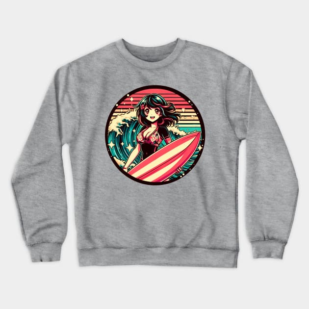 Retro Surfer Star Girl Crewneck Sweatshirt by MightyBiscuit